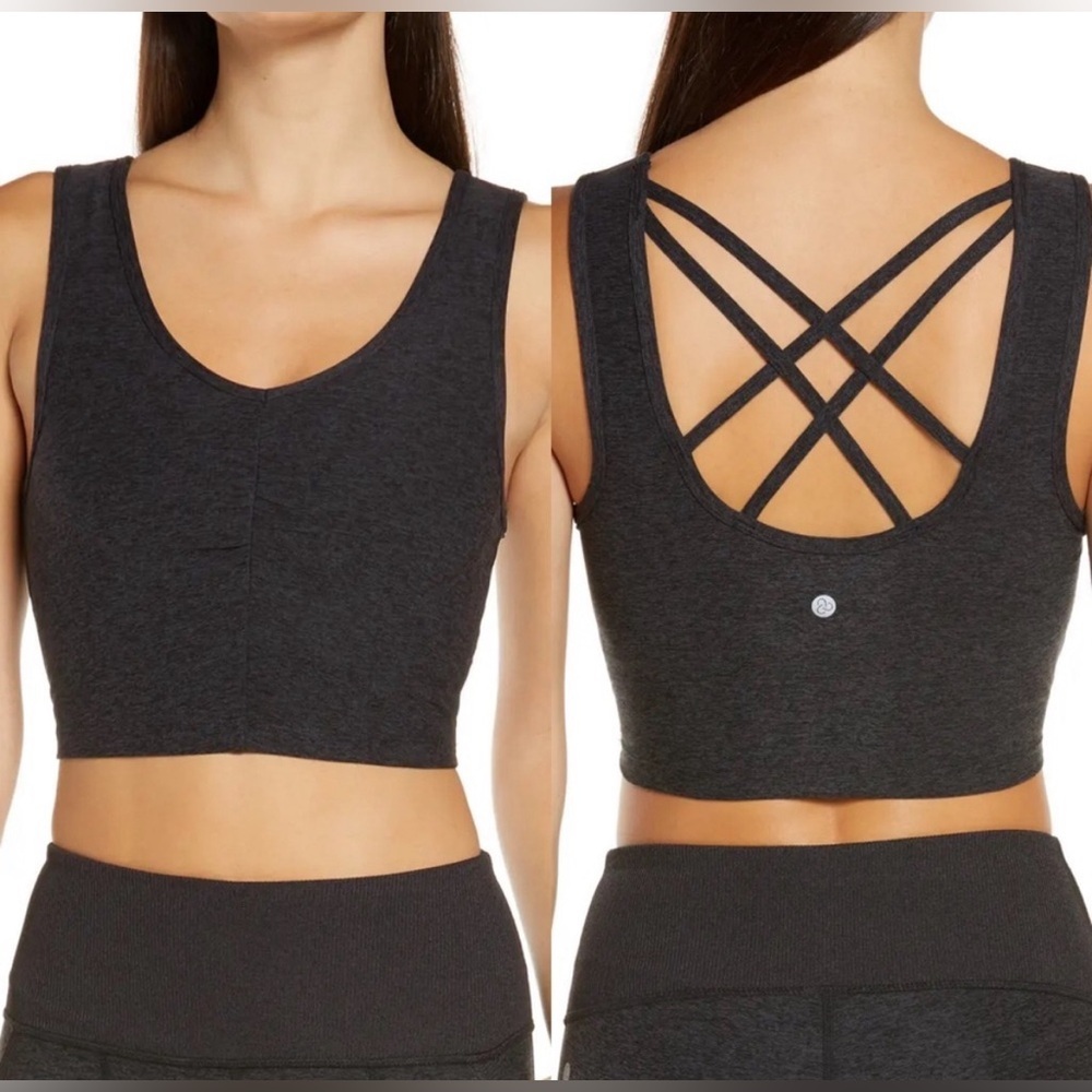 Zella Restore Soft Lounge Longline Strappy Sports Bra Charcoal Gray S Small